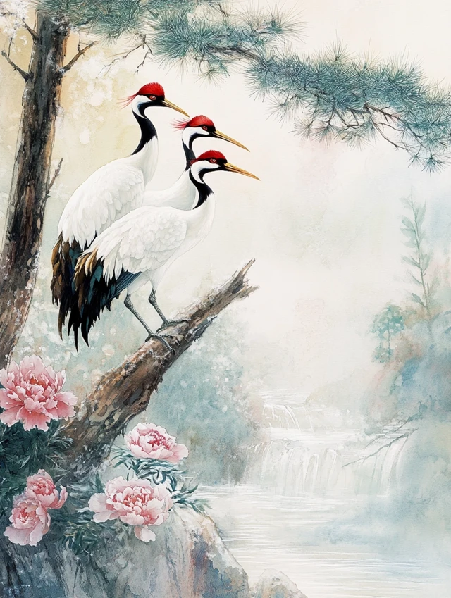 Red-crowned Crane Watercolor Art: MidJourney v5.2 to v7.0 - v6.1 - Image 2