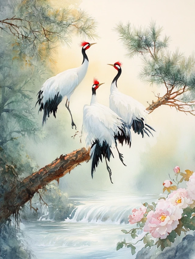 Red-crowned Crane Watercolor Art: MidJourney v5.2 to v7.0 - v6.1 - Image 3