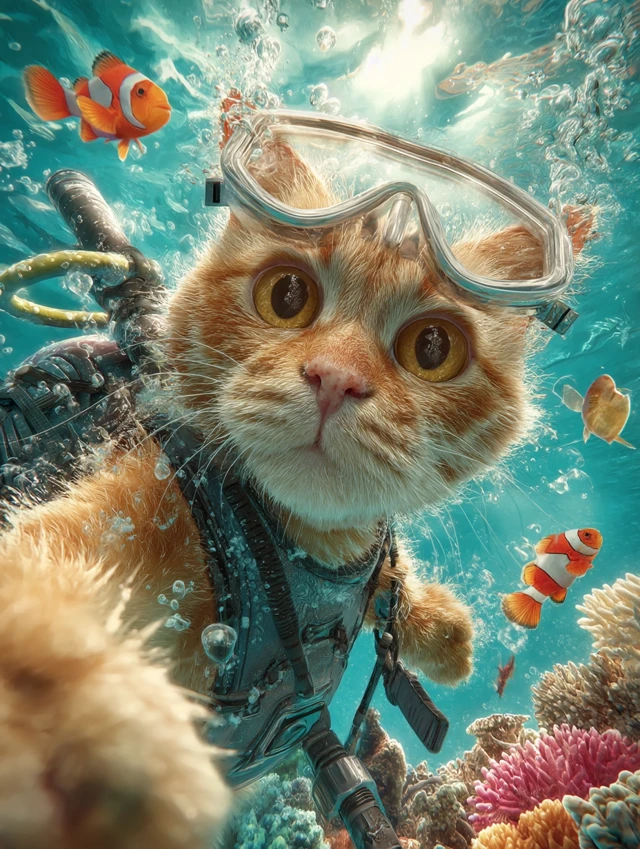 Underwater Cat Selfies: MidJourney v5.2 vs v6.1 vs v7.0 - v7.0 - Image 1