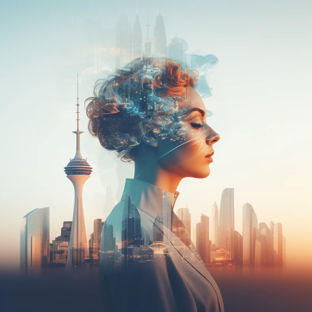 MJ v5.2-v7.0: Business Woman Cityscape Double Exposure Art - v5.2 - Image 2
