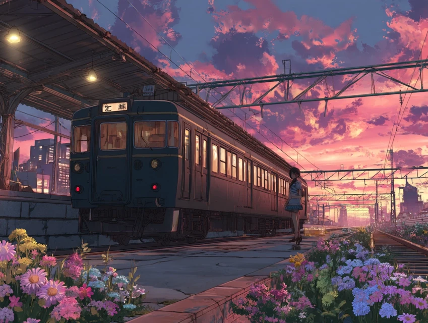 MidJourney Evolution: Japanese Anime Train Station Sunsets - v7.0 - Image 1
